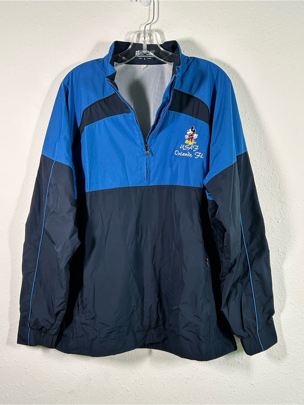Disney USAF Logo Windbreaker Rain Jacket Men's L Blue Mickey Mouse 1/4 Zip